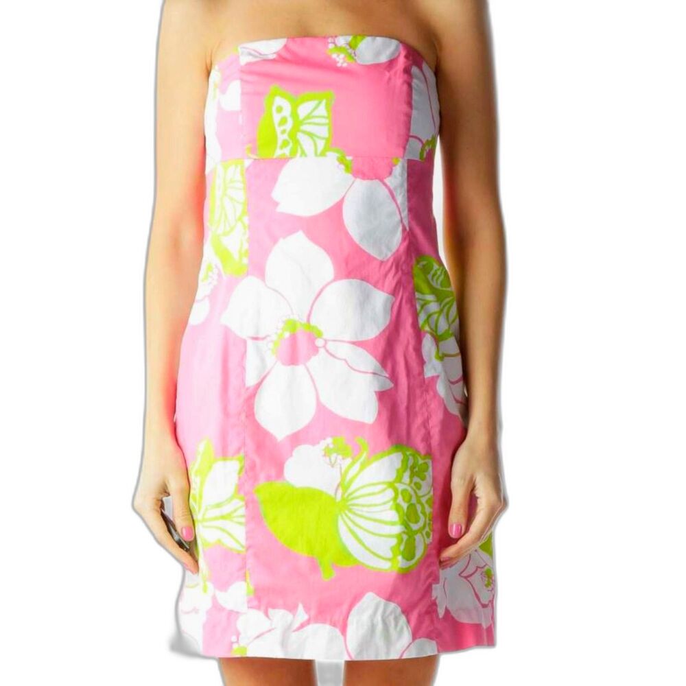 Lilly Pulitzer Pink Green Hotty She’s A Piston Print Franco Strapless Dress 10